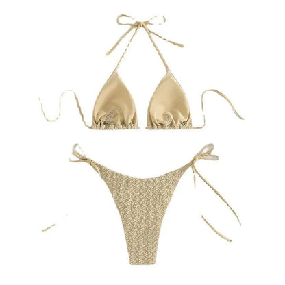 Women's khaki high waist bikini with lace-up ties on the sides of the shorts.
