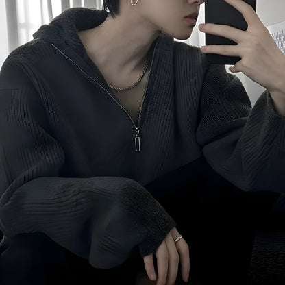 Loose baggy knitted sweater coat, long sleeve, polyester fiber, shown in dark gray black khaki, sizes M to 3XL