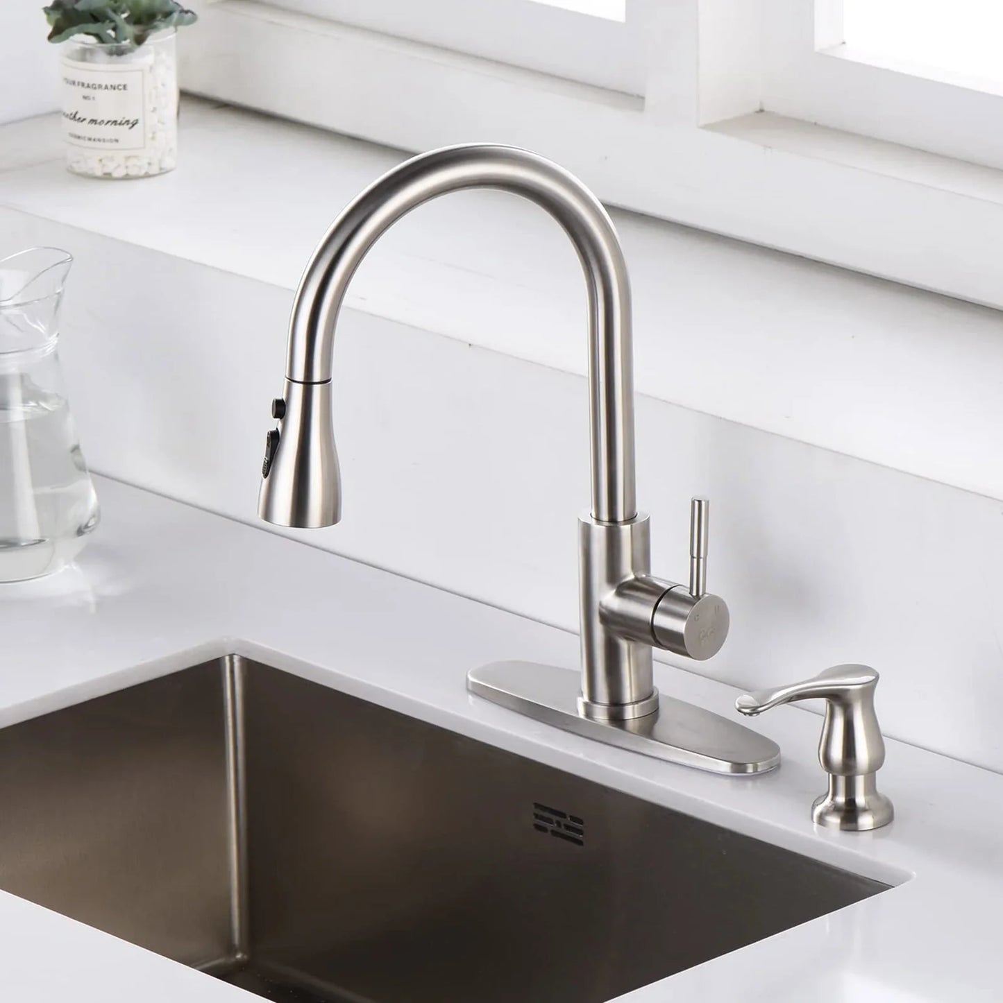 Electroplated kitchen sink hand press accessory with ABS construction in four finish options