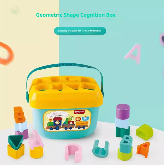Six-sided plastic cube with shape matching slots for children's educational development