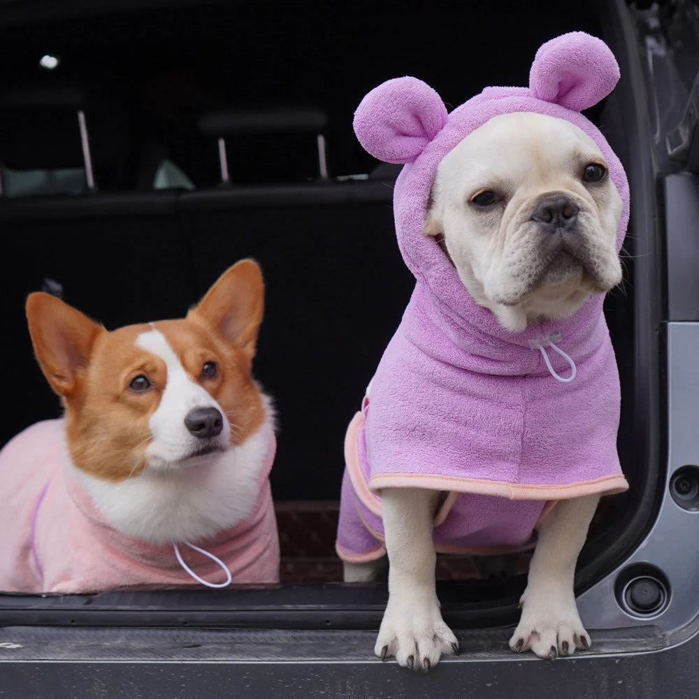 Adjustable quick-dry dog bathrobe in coral fleece, available in pink, violet, light green, and pumpkin style