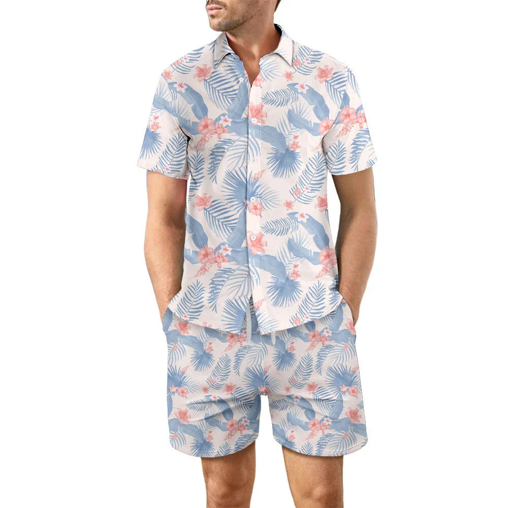 Stylish two-piece beach outfit with a relaxed button-up shirt and drawstring shorts in vibrant tropical prints
