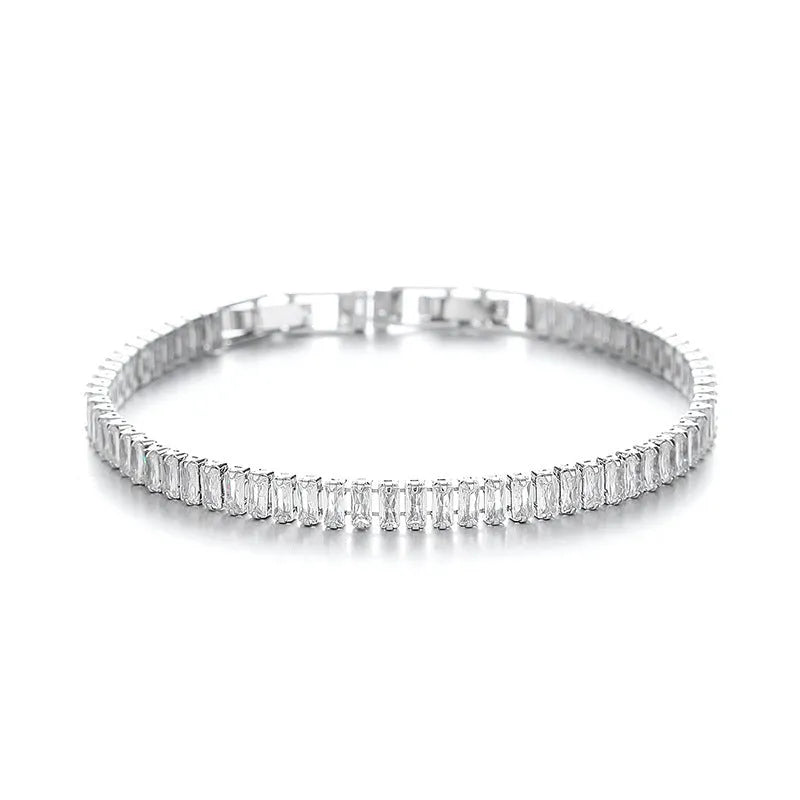 Rectangular geometric brass bracelet with inlaid zircon stones in champagne gold or silver colour
