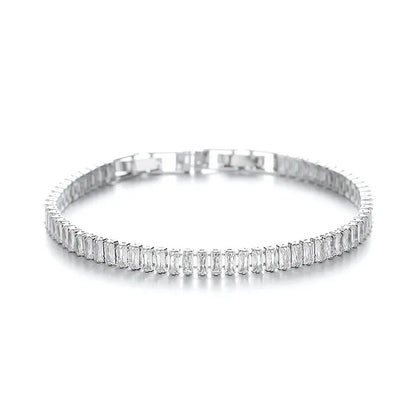 Rectangular geometric brass bracelet with inlaid zircon stones in champagne gold or silver colour