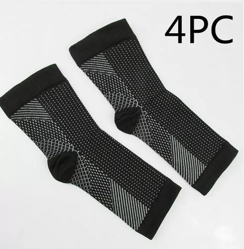 Anti-fatigue compression foot sleeves for men and women in black, red, and white