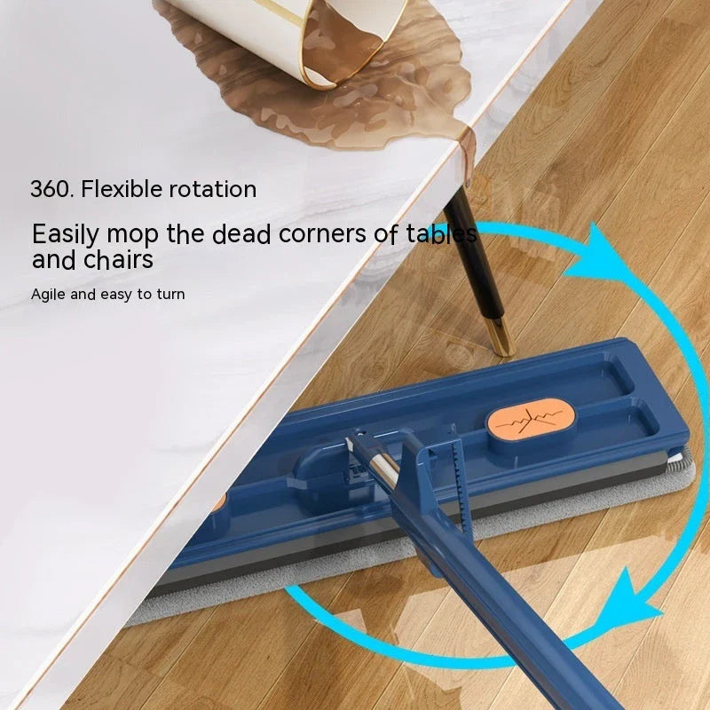 360° Rotating Flat Mop with Stainless Steel Handle and Self-Contained Dewatering Scraper for Effortless Floor Cleaning