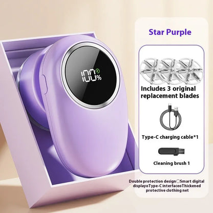 Fur ball trimmer with digital display in beige or purple colours with configurable cutter heads