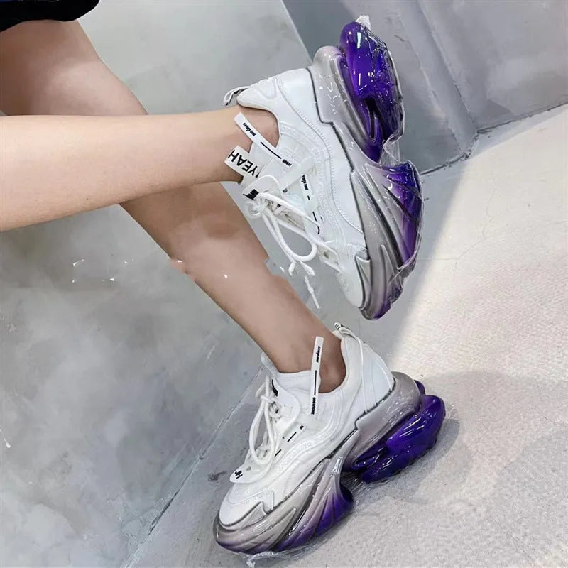 Women's leather sports shoes with thick soles and cross-tie fastening in multiple colours