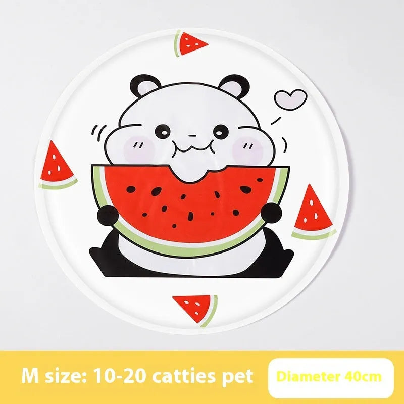 Round pet cooling mat with cartoon dog designs in blue and beige colour options