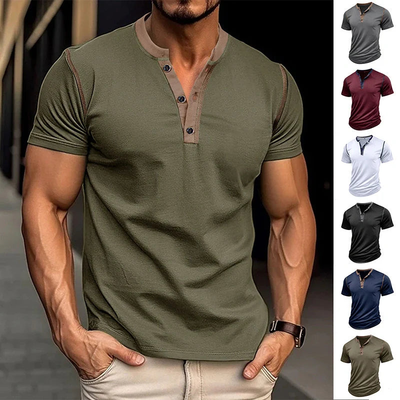 Men's short-sleeved polo shirt with V-neck design in various colors