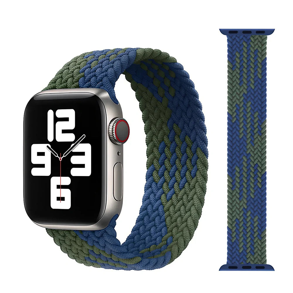 Apple Watch with elastic braided nylon strap in single-loop design showing stretch capability