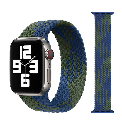 Apple Watch with elastic braided nylon strap in single-loop design showing stretch capability