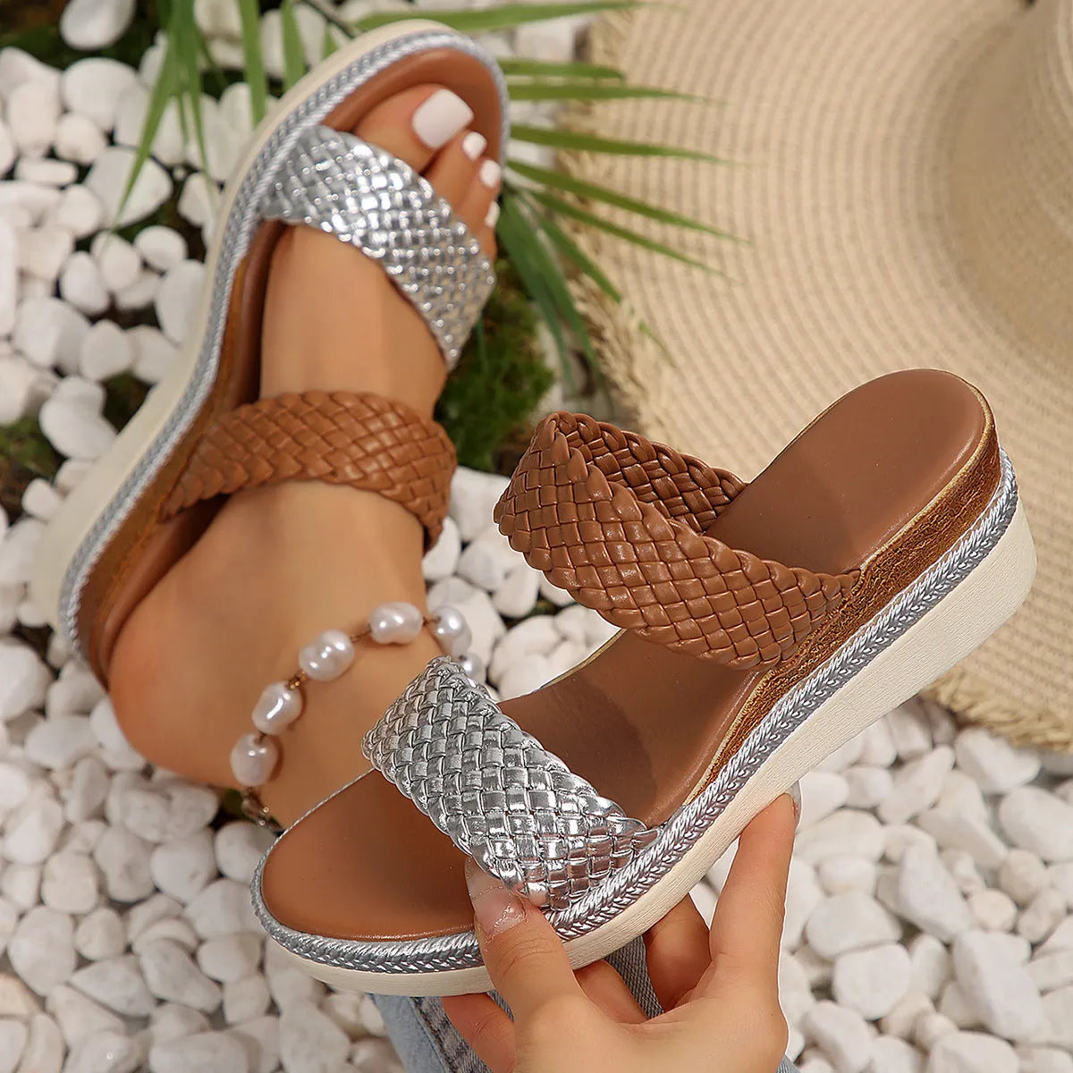 Women's gold and silver plus size wedge sandals with rubber soles on size chart