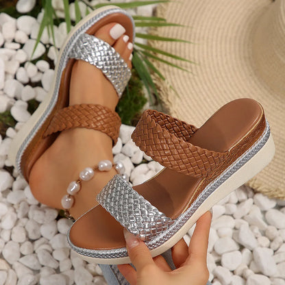 Women's gold and silver plus size wedge sandals with rubber soles on size chart