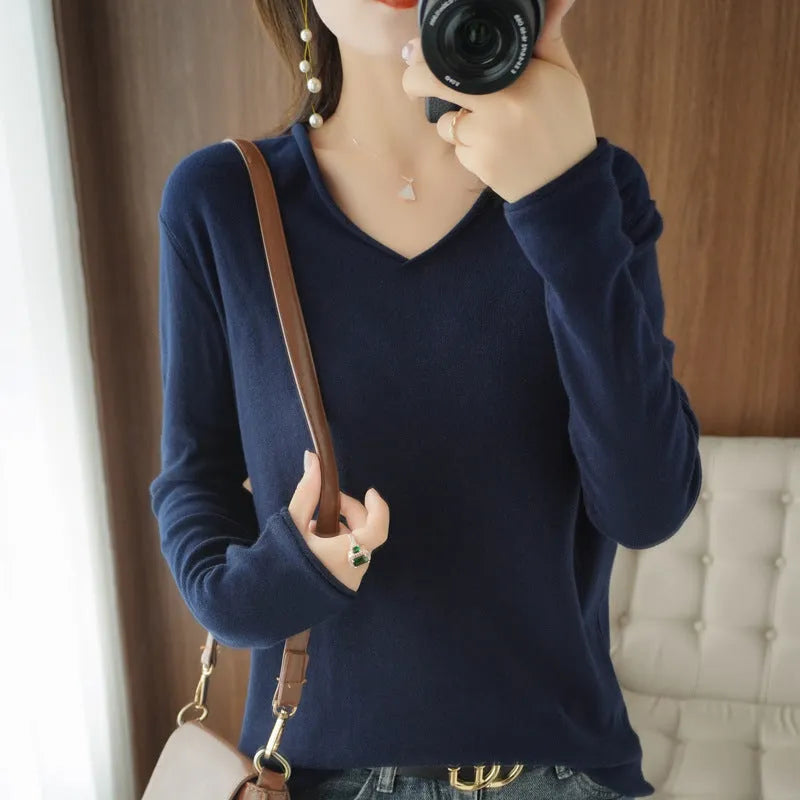Women's V-neck long sleeve knitwear top in multiple colours with non-ironing fabric