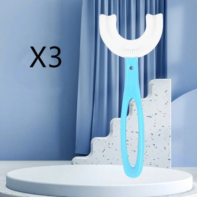 Children's U-shaped soft rubber toothbrush in pink and blue colours.