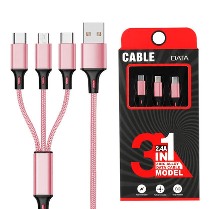 Three-in-one charging cable with nylon braid in red, blue, gold, black, silver, and rose gold colour options.