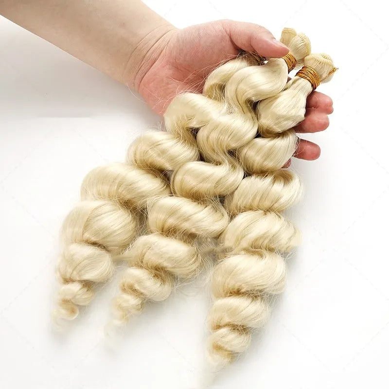 Golden high temperature fibre hair weft for women shown in 18, 20, and 22 inch length options.