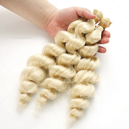Golden high temperature fibre hair weft for women shown in 18, 20, and 22 inch length options.