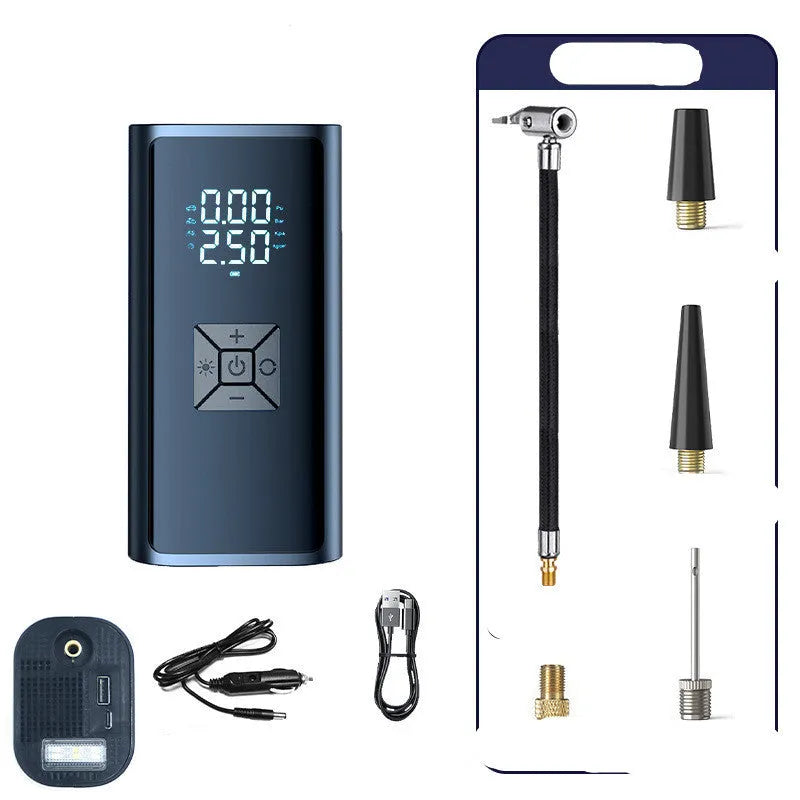 Portable wireless digital display car tyre pump with LED lighting and flexible inflatable tube