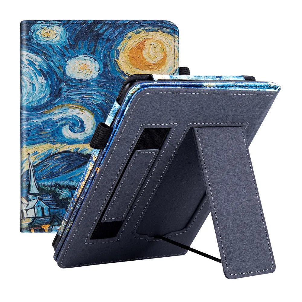 Leather case with wrist splint bracket for Kindle Paperwhite 5 e-reader in various colours and designs