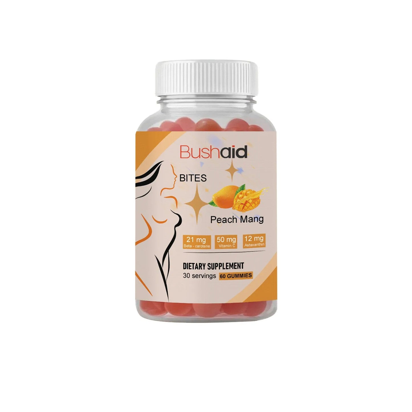 Pack of BUSHAID Tanning Gummy Candies, a 60-count dietary supplement with astaxanthin and Vitamin D3.