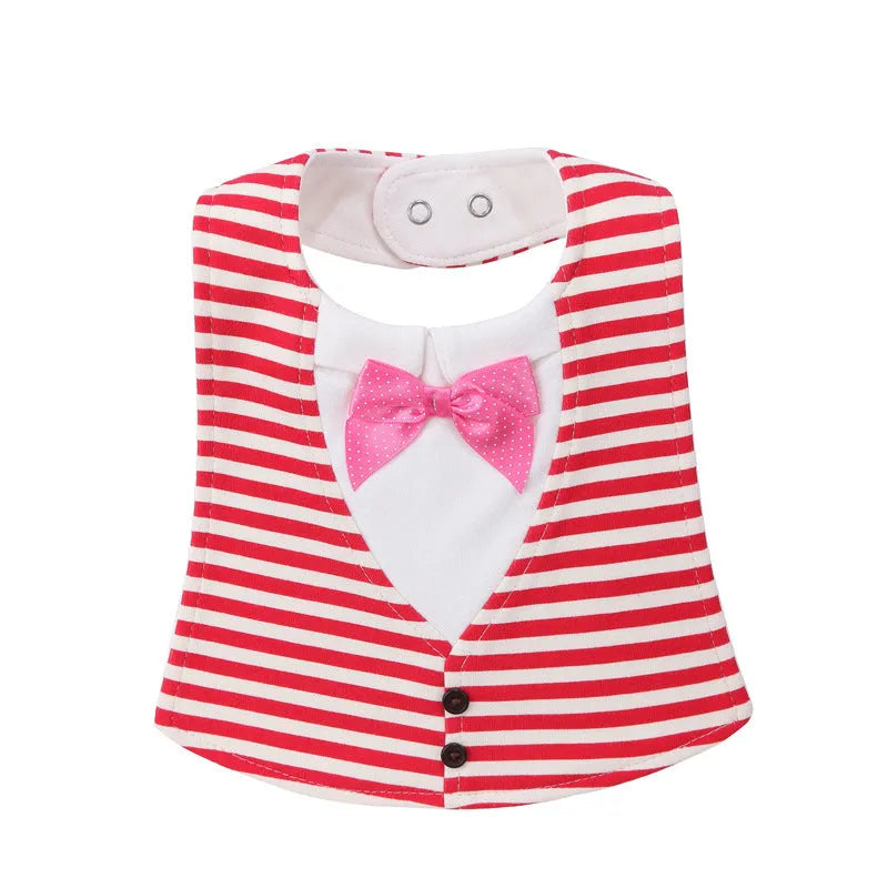 Adjustable baby bow tie bib in four-layer waterproof design, free size, shown in a choice of colour prints