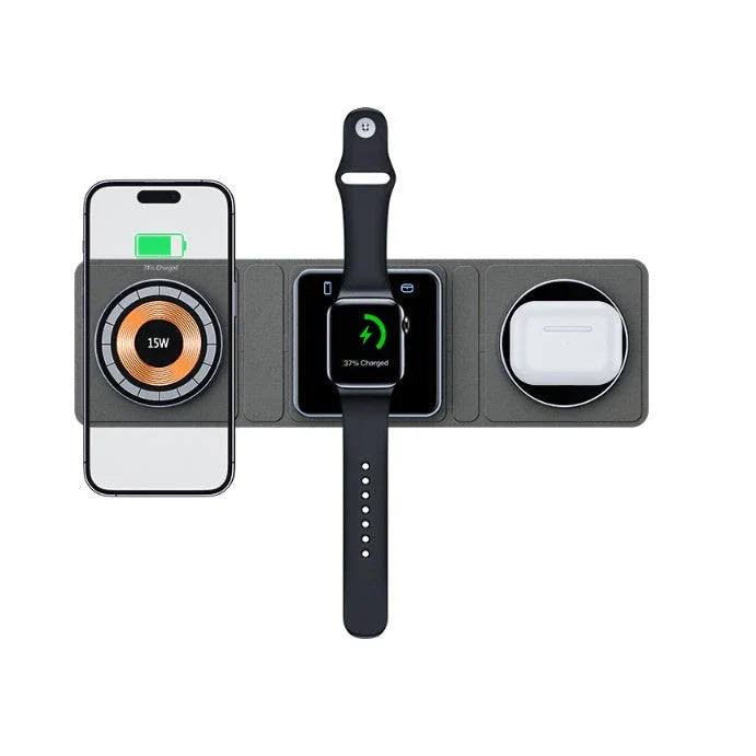 3-in-1 Magnetic Wireless Charging Station for iPhone, Apple Watch, and AirPods with folding design and safety features