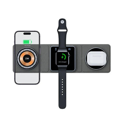 3-in-1 Magnetic Wireless Charging Station for iPhone, Apple Watch, and AirPods with folding design and safety features