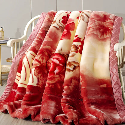 Double-sided flannel blanket quilt with plant and flower pattern showing genuine double-layer thickening