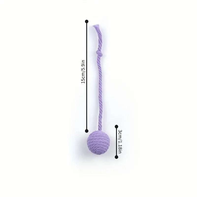 Interactive cat toy ball with bell and rope in green, pink, purple or yellow colours, shown in 3cm and 6cm sizes