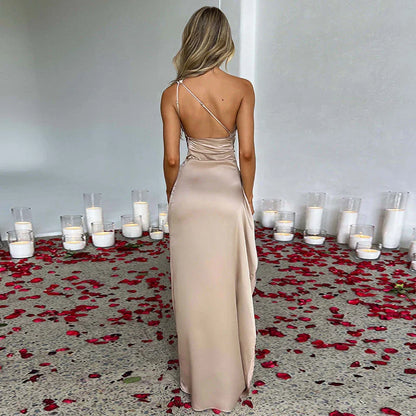 One-shoulder backless slit dress made of luxurious satin, available in a variety of vibrant colors