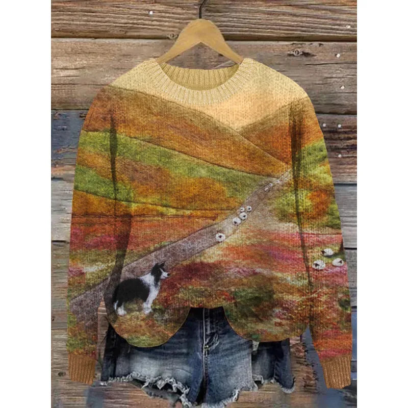 Round neck sweater with digital printed little flower pattern in various colours