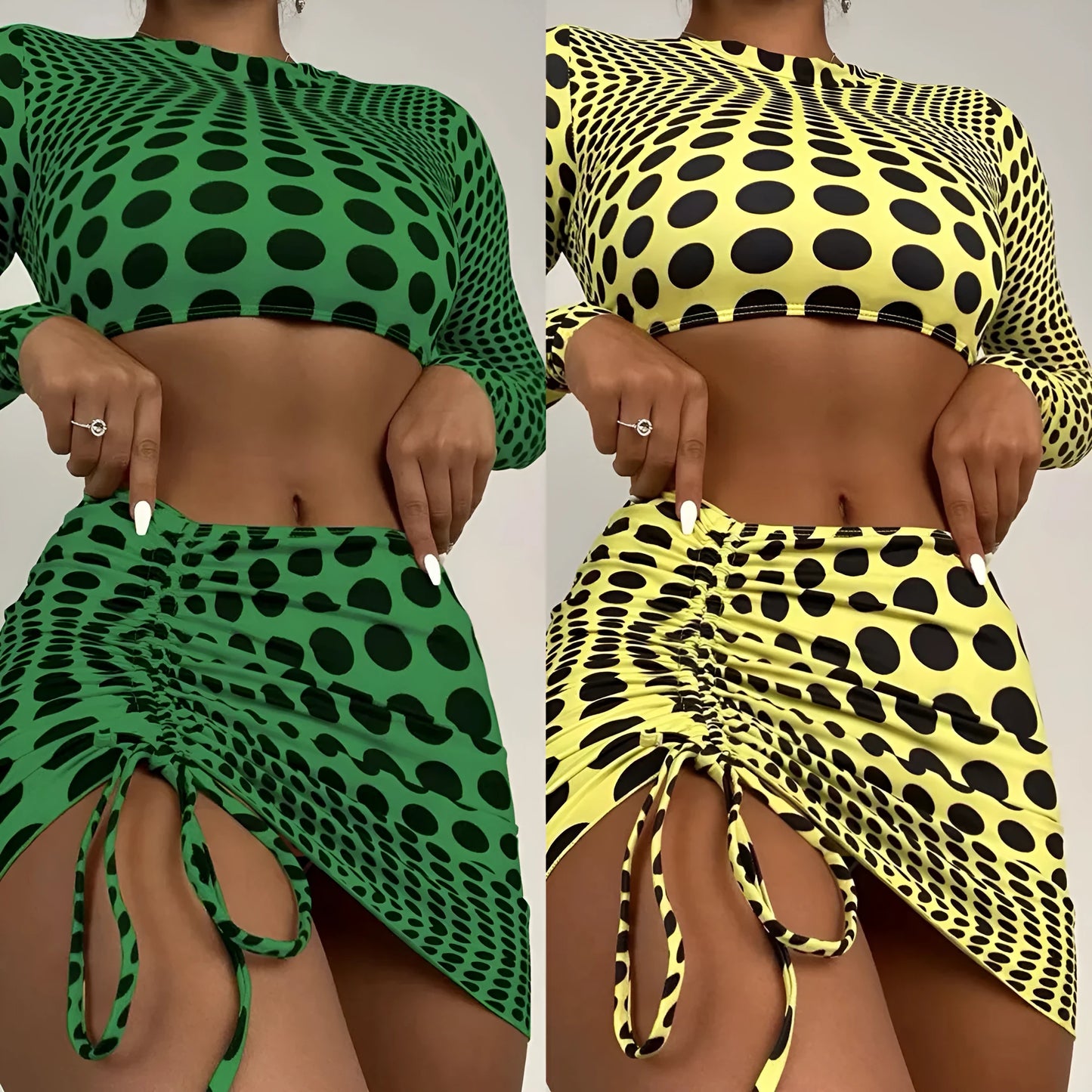 Green polka dot women's three-piece swimsuit set with top, skirt, and bra on hanger