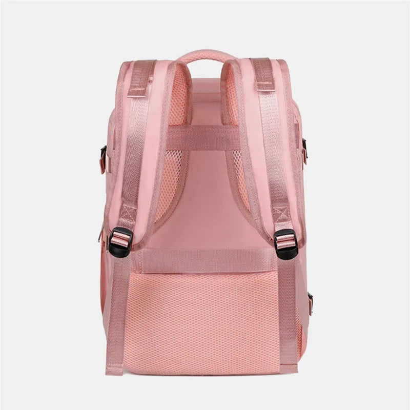 Large purple Oxford cloth travel backpack with multiple compartments and an air pillow belt.