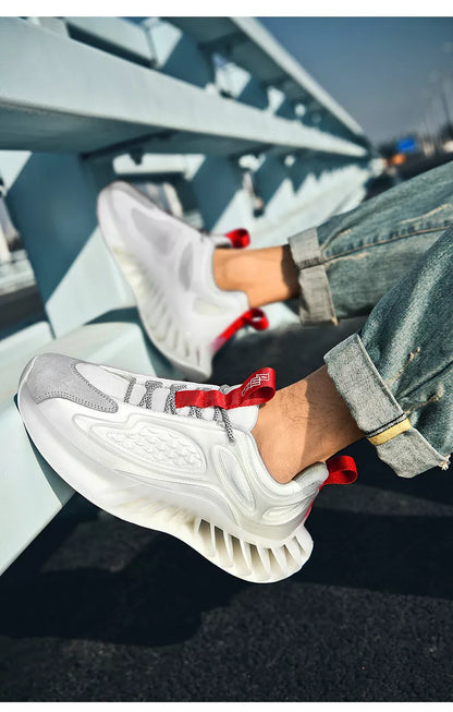 Large size blade men's running shoes with hollow out design in white, black, and blue orange