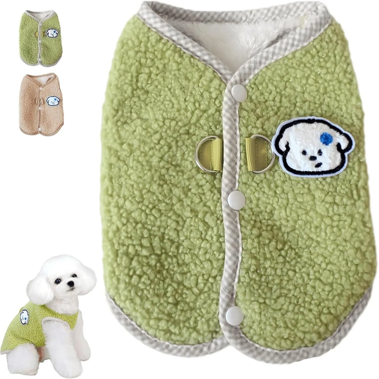Green dog sweatshirt vest with thickened coral fleece and leash ring for small pets
