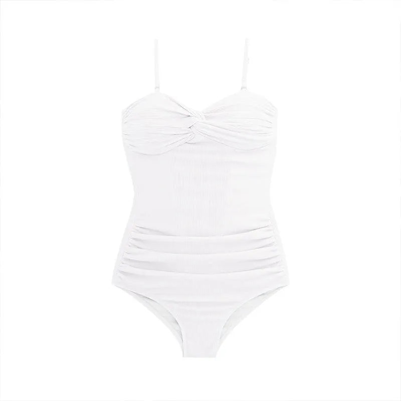 Women's black suspender-style one-piece swimsuit with high waist and push-up lining.