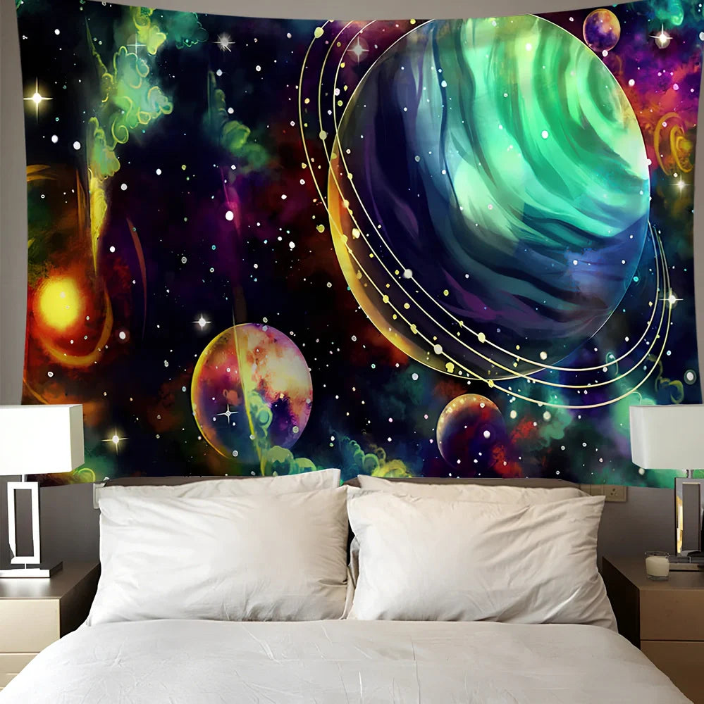 Digital printing colourful starry art wall tapestry with detailed star patterns on polyester fibre material