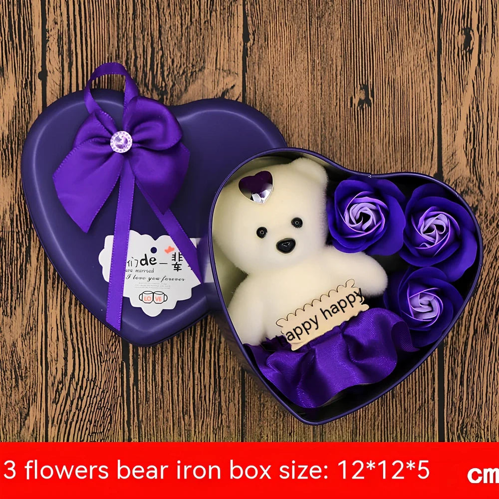 Handmade soap flower gift box in red heart-shaped tin with three blooms and bear, 12x12x5 cm for Valentine's Day