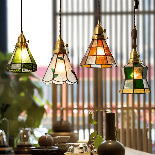 Japanese retro brass and glass chandelier with hand-blown shade and walnut accents hanging on a hemp rope cord.