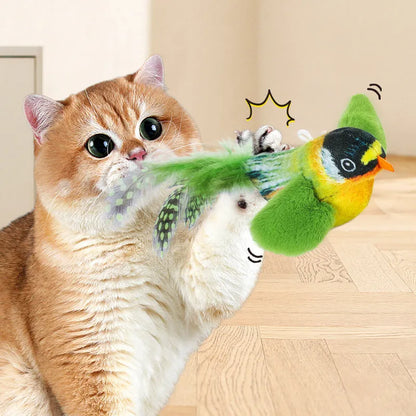 Flappy Chase Cat Toy interactive chirping sparrow with flapping wings and shaking motion in Blue, Gray, or Green.