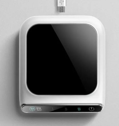 Black USB-powered cup warmer with three temperature settings and drinking reminder
