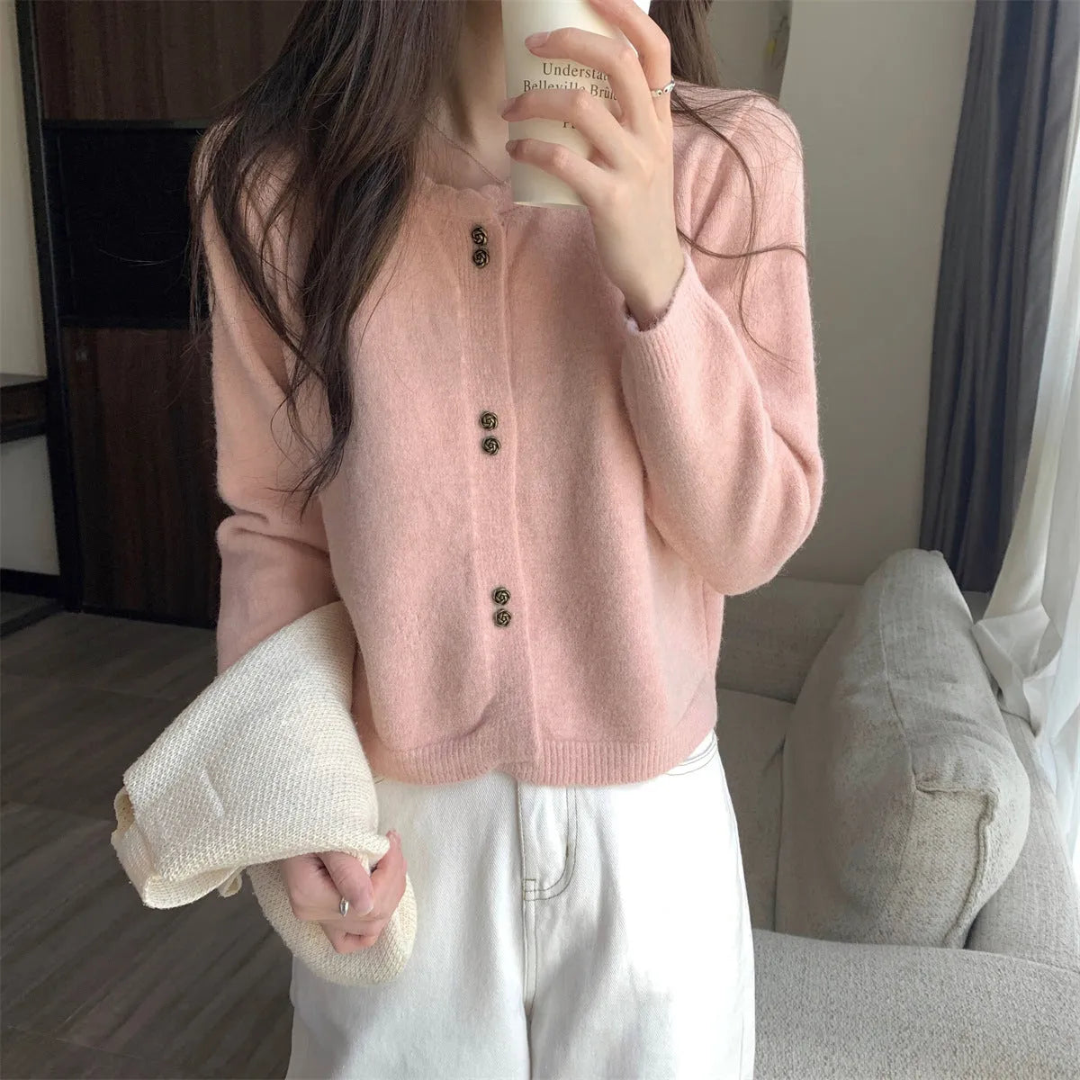 Women's long-sleeved acrylic fibre cardigan coat in regular fit with cardigan front, shown in available colours