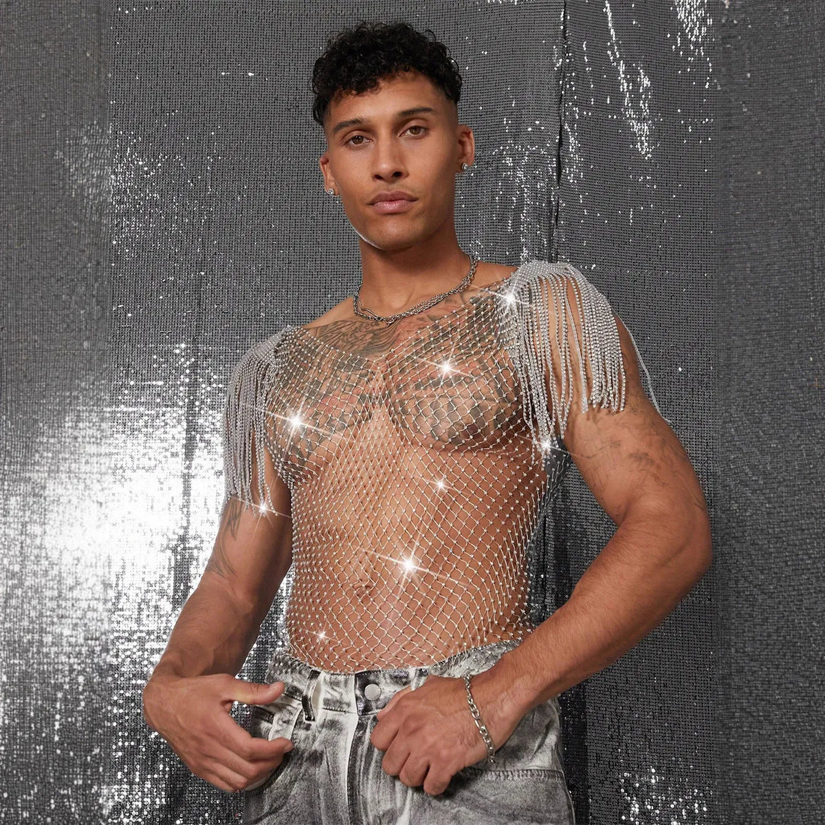 Grid rhinestone fishnet vest in dyed silver see-through nylon, loose fit, sizes S to XL