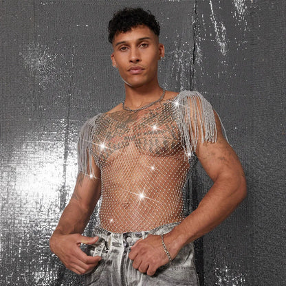 Grid rhinestone fishnet vest in dyed silver see-through nylon, loose fit, sizes S to XL