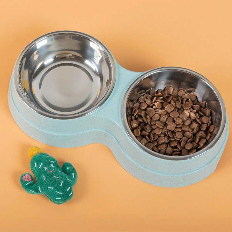 Double pet bowl with stainless steel insert and straw base in blue, showing separate food and water compartments