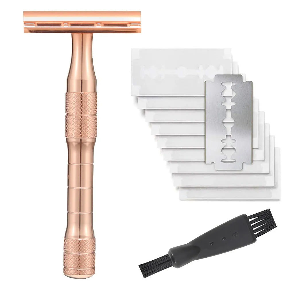 Traditional alloy double-edged safety razor with replaceable blades in choice of colours including black, silver, and rose gold.