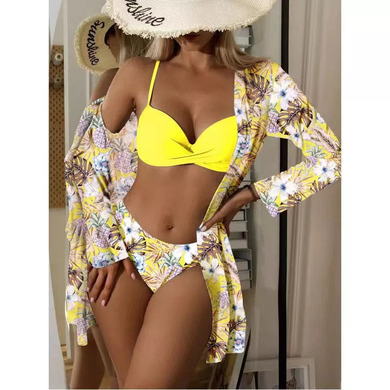 European and American three-piece swimsuit set in polyester for swimming and wading