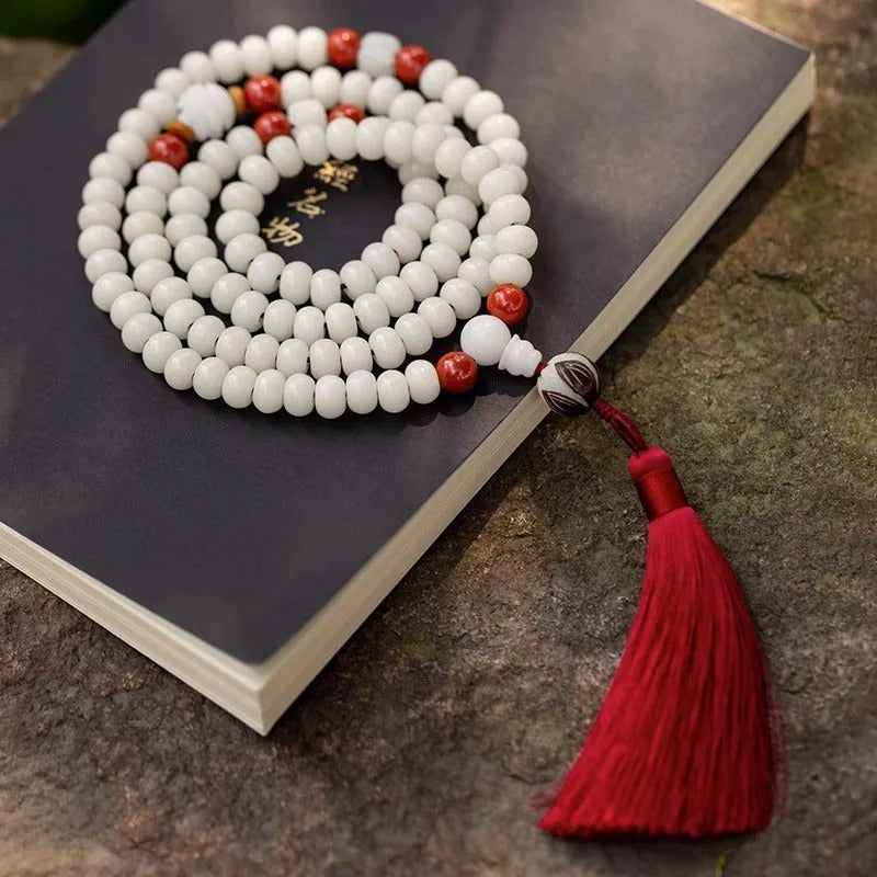 A long white jade Bodhi bead bracelet with 6x8mm beads, shown in various style options including cloisonne and lotus designs.